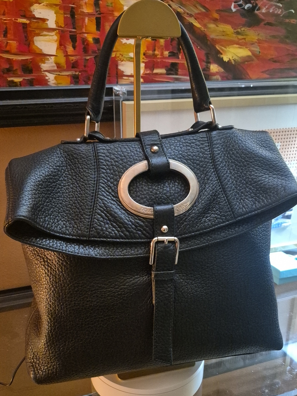 Dolce & Gabbana Black Leather Shoulder Bag with Silver Ring Accent